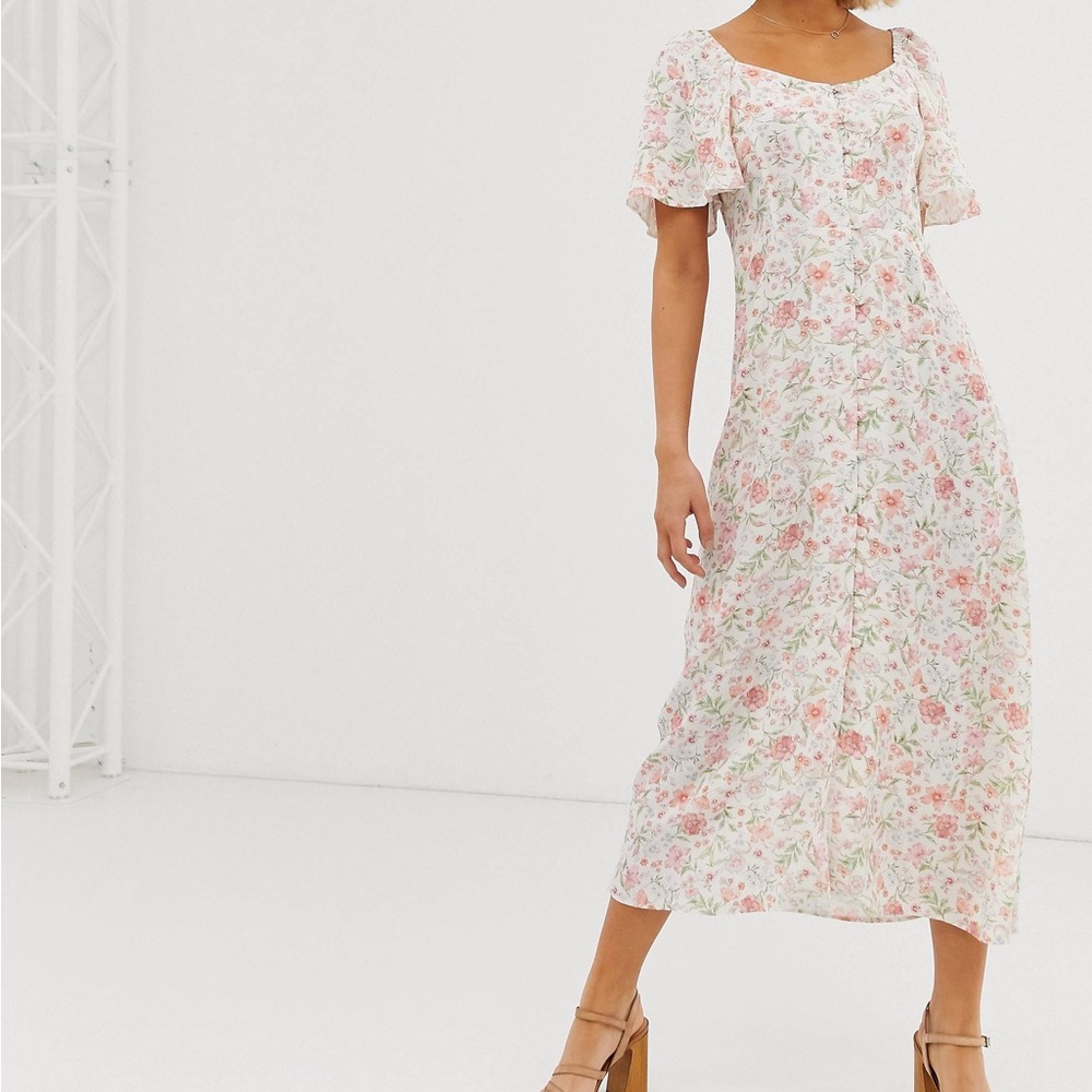New Look button through midi prairie dress in white floral print